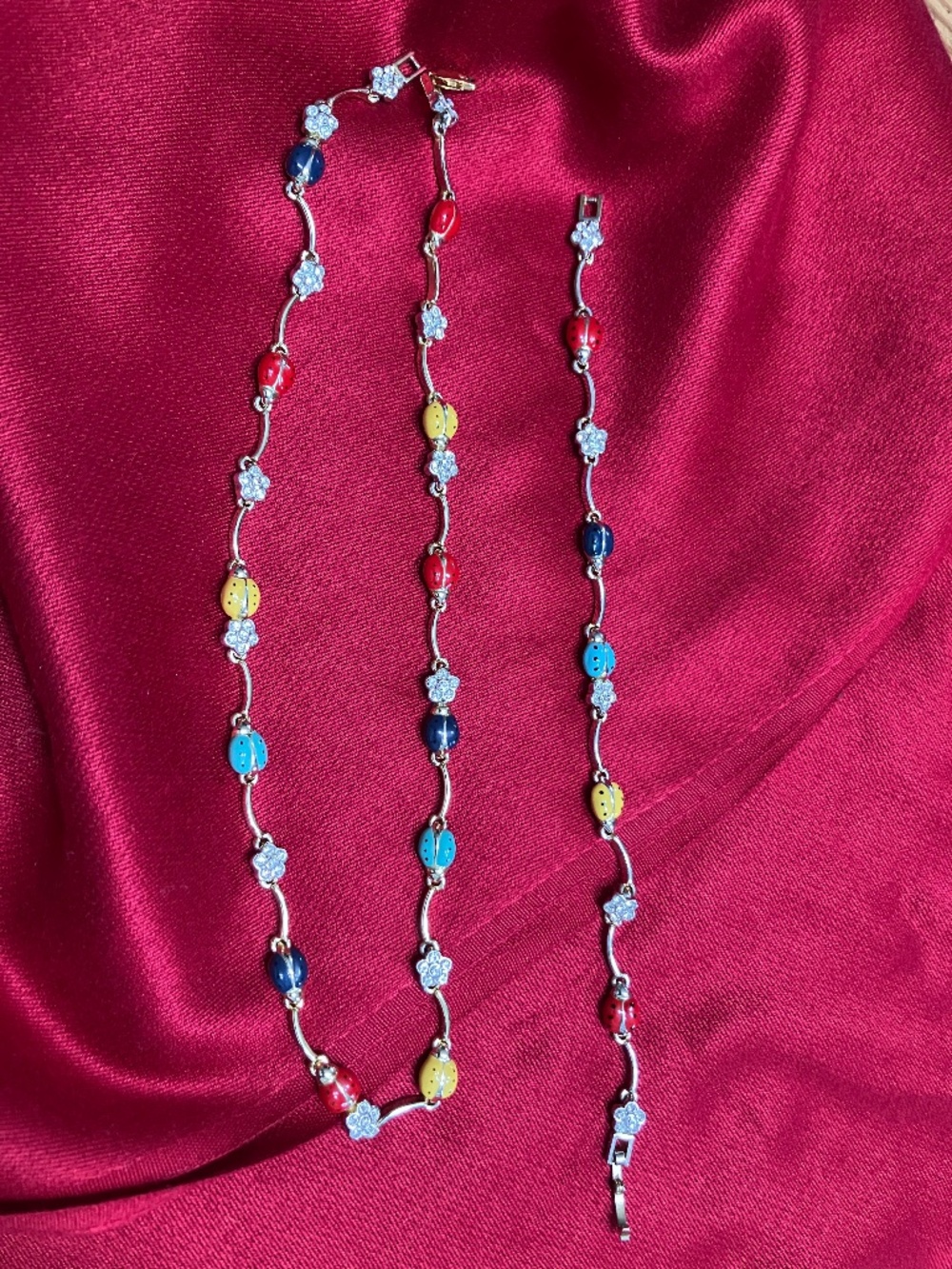 Enamel and Gold Plate Ladybug Necklace and Bracelet